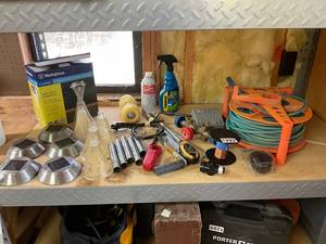 lot 1292 image: Assorted Garden Tools and Outdoor Hardware Lot with Solar Lights and Hose Reel