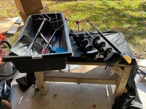 lot 1316 image: Otter Pro Sled with Ice Augers, Shovels, and Ice Fishing Tools Set