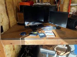 lot 1336 image: Lot of 2 Monitors (LG and AOC), USB to VGA Adapter, and External Optical Drives