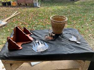 lot 1337 image: Rustic Decor Lot with Corner Shelf, Wicker Basket, and Metal Wall Art