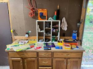 lot 1362 image: Garage Hardware and Electronics Assortment with Storage Cabinet