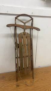 lot 259 image: Vintage Wooden Sled with Metal Runners and Rope Pull