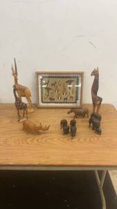 lot 275 image: African Animal Wood Carvings and Framed Folk Art Set