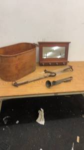lot 342 image: Antique Farmhouse Decor Lot with Metal Tub, Wall Mirror, and Primitive Tools