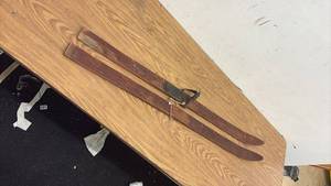 lot 371 image: Pair of Vintage Wooden Skis with Metal Foot Bindings