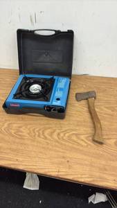 lot 387 image: Coleman Portable Single Burner Gas Stove and Small Hatchet