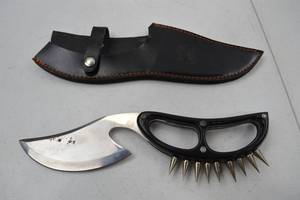 lot 123 image: Unique Curved Blade Knife with Spiked Handle and Leather Sheath