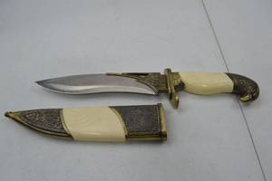 lot 127 image: Decorative Fixed Blade Knife with Etched Brass Eagle Pommel and Sheath