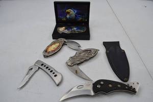 lot 128 image: Collection of Themed Folding Pocket Knives with Case and Sheath