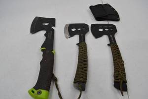 lot 129 image: Hand tool lot Gorilla Gear and Ozark Trail hatchets, multi-function axes