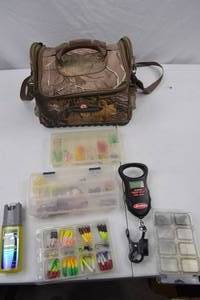 lot 133 image: Camo Fishing Tackle Bag with Lures, Accessories, and Digital Scale