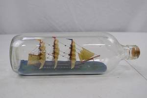 lot 242 image: Vintage Ship in a Bottle Model Tall Ship Barque 12 in Glass Nautical Decor
