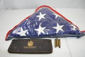 lot 247 image: United States Army Honorable Discharge Case, Funeral Flag & Spent Shell Casings