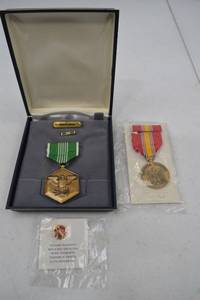 lot 271 image: US Army Military Merit Medal Lot with National Defense Medal and Lapel Pin