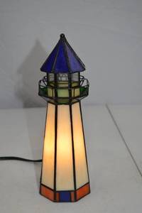 lot 279 image: Stained Glass Lighthouse Table Lamp, 12 Inch