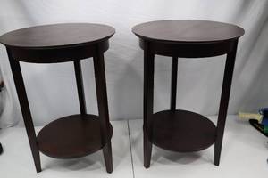 lot 90 image: Pair of Round Wood Side Tables with Shelf, 24 Tall, 17 Round