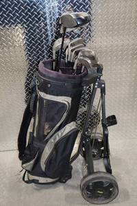 lot 92 image: Nike, Zevo, and ProKennex Golf Club Set with BagBoy Cart and Top-Flite Putter