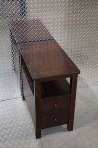 lot 303 image: Dark Wood Side Table with Two Drawers and Shelf, 24x12x24 Inches