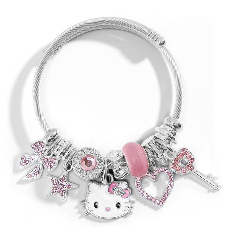 lot 11G image: Hello Kitty Silver Tone Charm Bangle Bracelet - Brand New