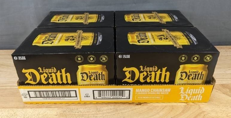 lot 4E image: 24 Liquid Death Mango Chainsaw Sparkling Water 12oz Cans - Brand New