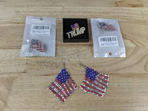 lot 163 image: American Flag Jewelry 2 Flag Pins, Trump Pin, Flag Earrings - Brand New