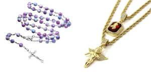 lot 168 image: Gold-Tone Angel Pendant Necklace and Pastel Bead Rosary Set - Brand New