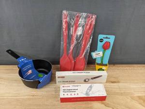 lot 172 image: Kitchen Essentials Milk Pot, Spatulas, Ice Cream Scoop & More - Brand New