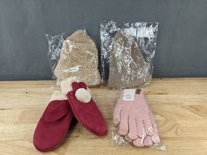 lot 177 image: 2 Hats, 1 Pair Pink Gloves, 1 Pair Red Mittens - Brand New