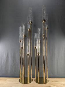 lot 212 image: 2 Modern Gold 6-Arm Candelabra Candle Holder, Acrylic Tubes - New A