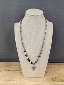 lot 269 image: KYHVOUX Stainless Steel Necklace with Cross and Bead Design, 20 Inch - Brand New