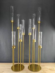 lot 98L image: 2 Gold 40 inch Floor Candle Holders with Glass Cylinders - Brand New