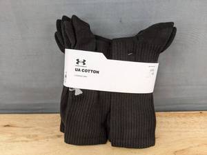 lot 99H image: 6 Pairs Under Armour Cotton Crew Socks Large, Black - Brand New