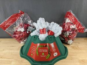 lot 116L image: Christmas Tree Stand, 5 Rolls Tinsel Garland, 80 Bows, and 4 Rolls Wrapping Paper - Brand New