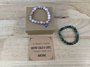lot 374 image: 2 Beaded Stretch Bracelets Pink with Heart Charm and Green Beads - Brand New