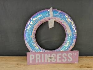 lot 387 image: Sequined Wreath and Princess Street Metal Sign Decor - Brand New