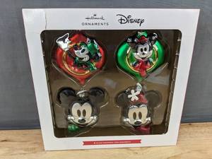 lot 74H image: 4 Disney Mickey & Minnie Glass Ornaments Set Hallmark - Brand New