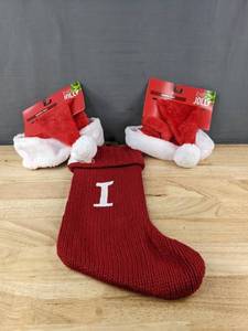 lot 517 image: 2 Christmas Santa Hats & Knit Monogram Stocking - Brand New