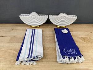 lot 532 image: 2 Modern Menorahs and Hanukkah Kitchen Towel Sets - Brand New