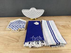 lot 117L image: 6 Piece Hanukkah Decor Set Menorah, Dish, Towels - Brand New