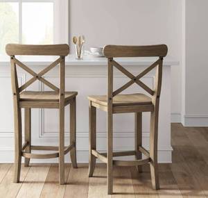 lot 9998 image: Threshold 24 Litchfield X-Back Counter Height Farmhouse Style Rustic Brown Barstools, 2 Total, $320 Retail - Brand New A