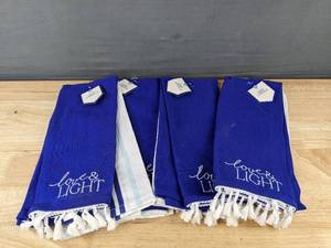 lot 553 image: Set of 8 Brand New Blue and White Dish Towels - Love & Light Embroidery