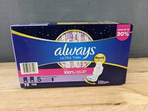 lot 58H image: Always Ultra Thin Extra Heavy Overnight Pads 72 count, Size 5 - Brand New