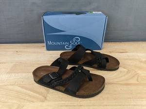 lot 123L image: Mountain Sole Black Leather Sandals Size 7 - Brand New
