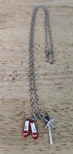 lot 407 image: Wizard of Oz Silver-Tone Necklace with Ruby Slippers and Wand Charms - Brands New P