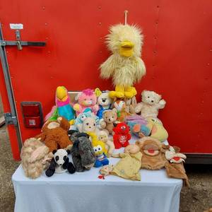 lot 9 image: Lot of Plush Toys Including a Colorful Toucans, Bears, and a Red Devil Doll