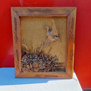 lot 25 image: Framed Wooden Wall Art with Duck Carving and Dried Flowers