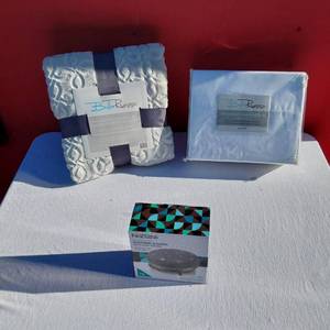 lot 26 image: Bella Russo Brushed Microfiber Sheet Set, Dreamers Collection Flannel Throw Blanket, Nizoni Rechargeable White Noise Machine
