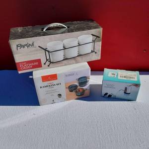 lot 29 image: Parini Cookware 3 Cup Flatware Caddy, Ramekin Set, Rechargeable Water Dispenser