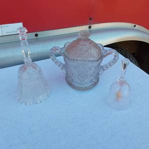 lot 36 image: Crystal Decorative Covered Dish, 2 Glass Bells