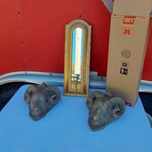 lot 45 image: Home Interiors Mirror Sconce and Two Ram Head Wall Decor